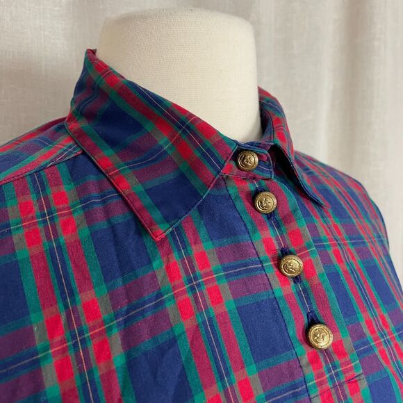 Vintage Blouse Womens Size 10 Red Blue Plaid Tartan Long Sleeve Henley Button - Picture 3 of 14
